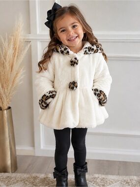 Rothschild Cream Faux-Fur Hooded Coat with Leopard Trim